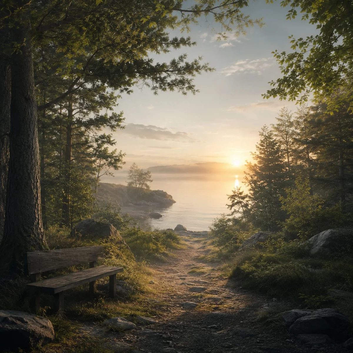 Chemin en forêt au bord d’un lac pour l’audio d’hypnose anti-rumination